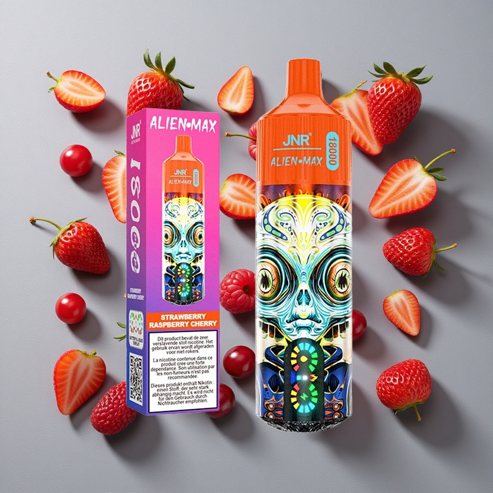 Fresa Frambuesa Cereza JNR Alien Max 18000 Puffs con Pantalla LED Inteligente y Doble Bobina Mesh