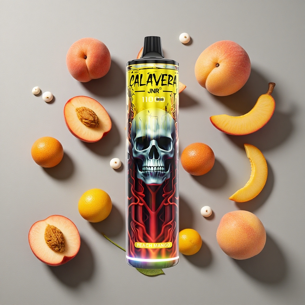 Durazno Mango JNR Calavera 11000 Puffs Vape Desechable con Puerto de carga Tipo-C y 21ml de Capacidad de Líquido