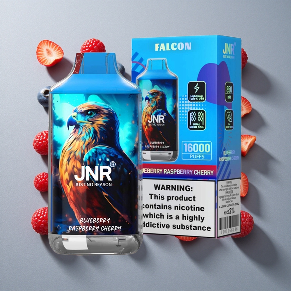 Arándano Frambuesa Cereza JNR Falcon 16000 Caladas Batería: 850 mAh, Tipo de bobina: Doble Malla