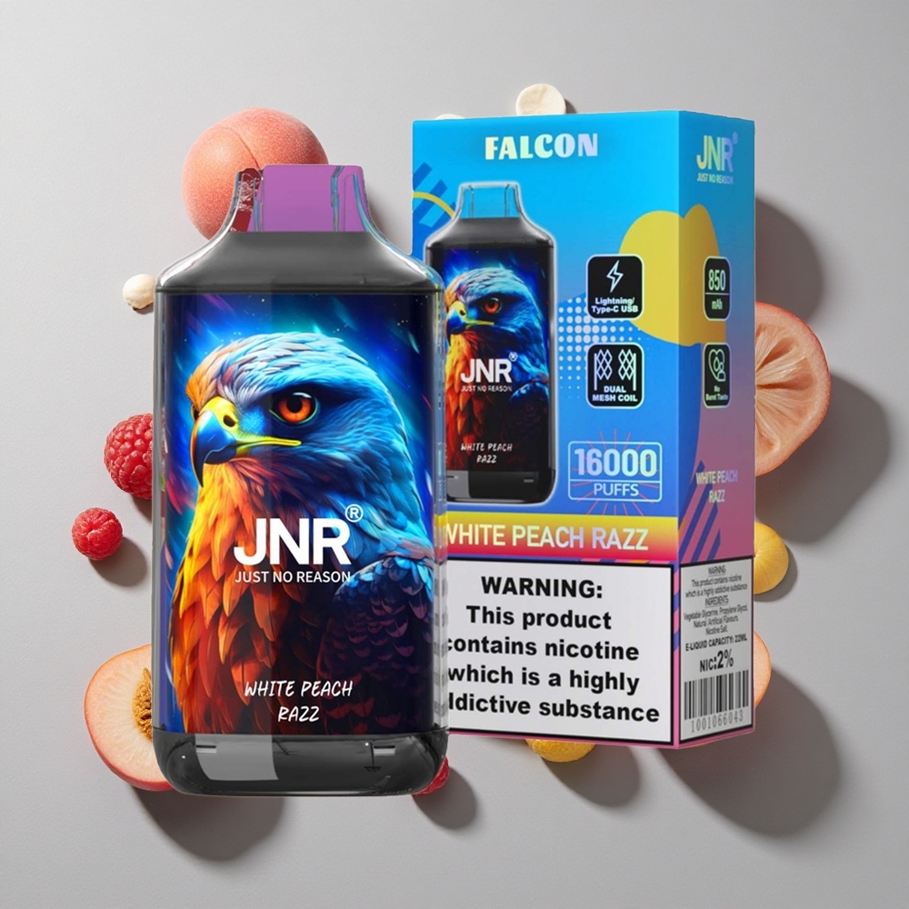 Durazno Blanco Razz JNR Falcon 16000 Caladas Capacidad de la Batería: 850 mAh Tipo de Bobina: Doble Bobina Mesh