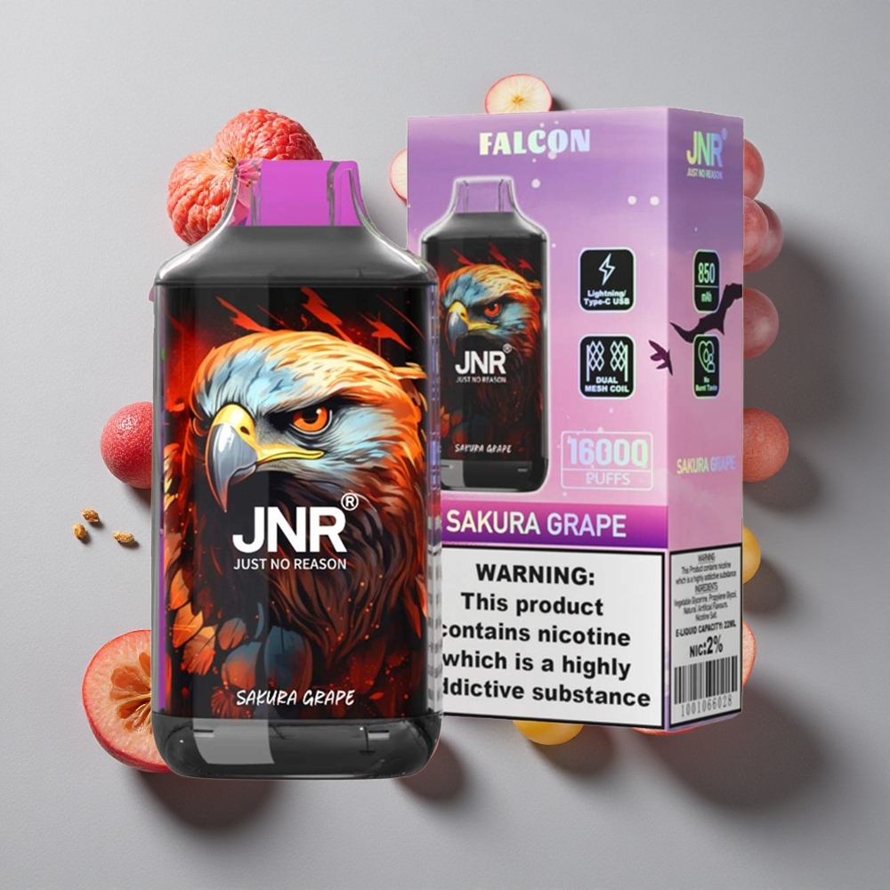 Uva Cereza JNR Falcon 16000 Caladas Capacidad de la Batería: 850 mAh Tipo de Carga: Tipo C y Lightning incluido