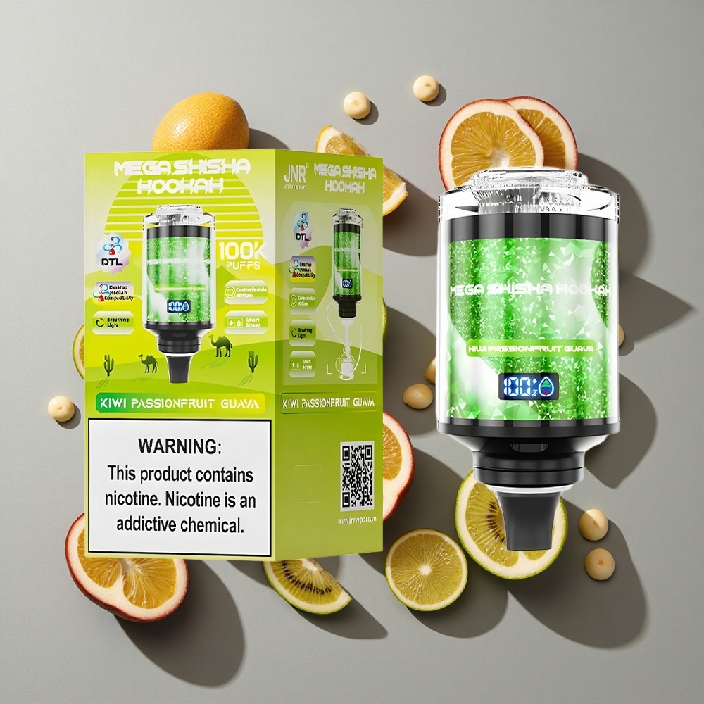 Kiwi Maracuyá Guayaba JNR Mega Shisha Hookah 100K chupadas Pantalla Inteligente Interactiva Batería Recargable 2200mAh