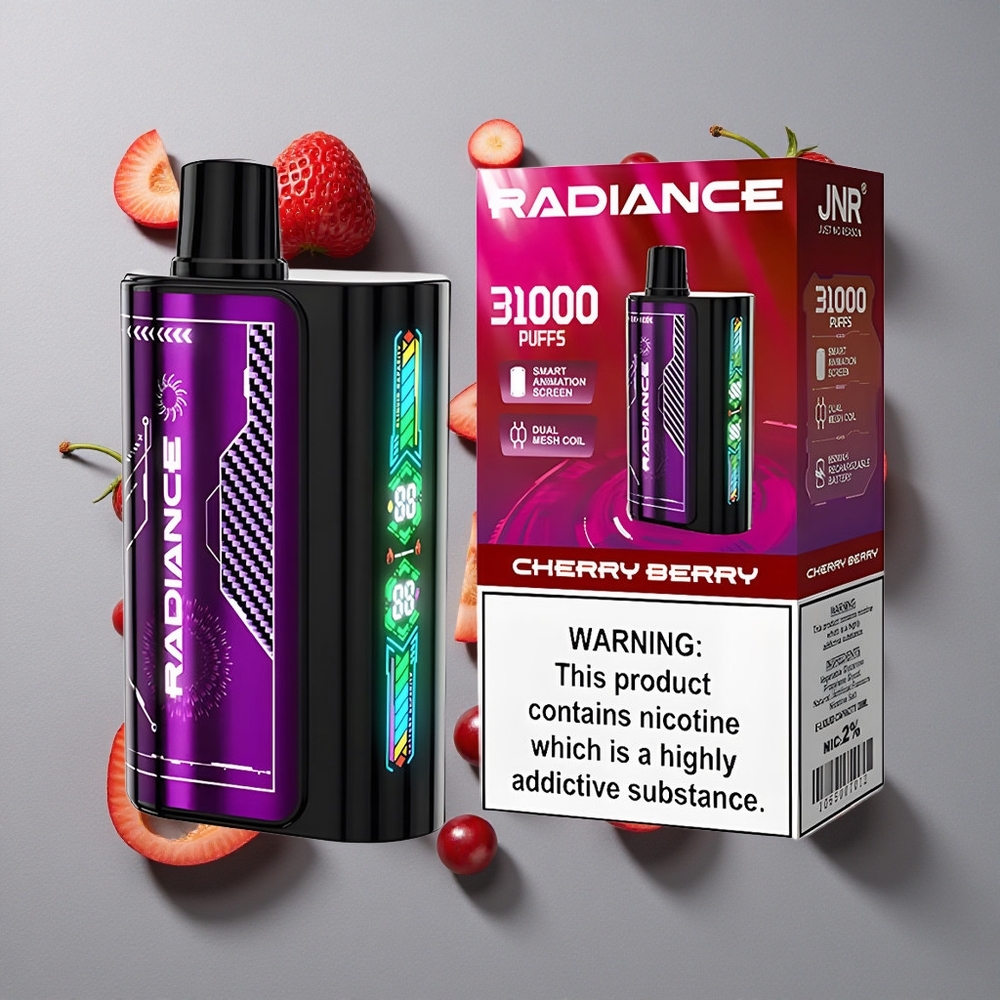 Cereza Baya JNR Radiance 31000 Caladas Vape Desechable con Pantalla de Animación Inteligente y Batería Recargable 950 mAh