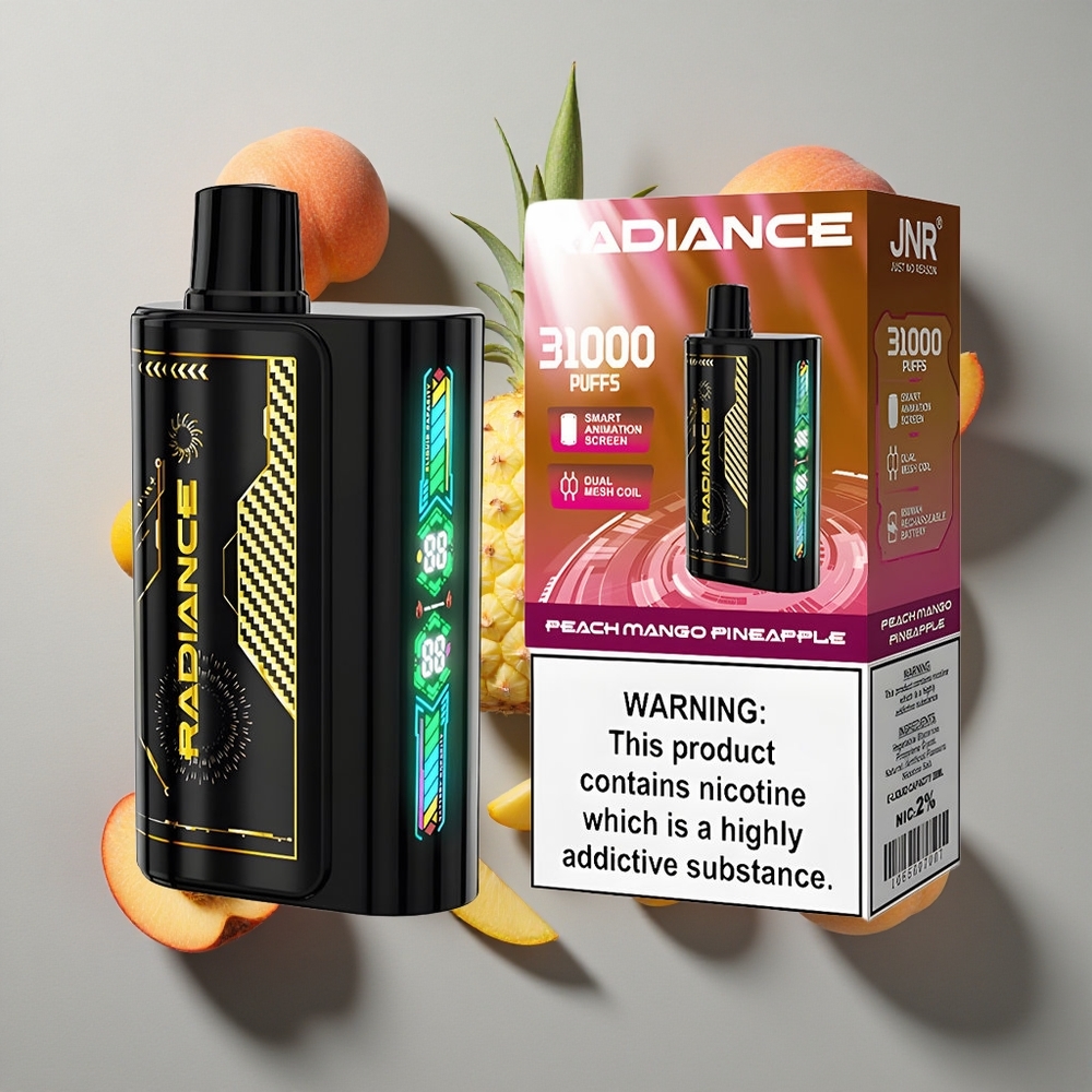 Durazno Mango Piña JNR Radiance 31000 Caladas Vape Desechable con Pantalla de Animación Inteligente y Batería Recargable de 950 mAh