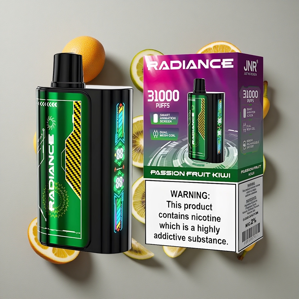 Maracuyá Kiwi JNR Radiance 31000 Caladas Vape Desechable 28ml Líquido Dual Mesh Coil